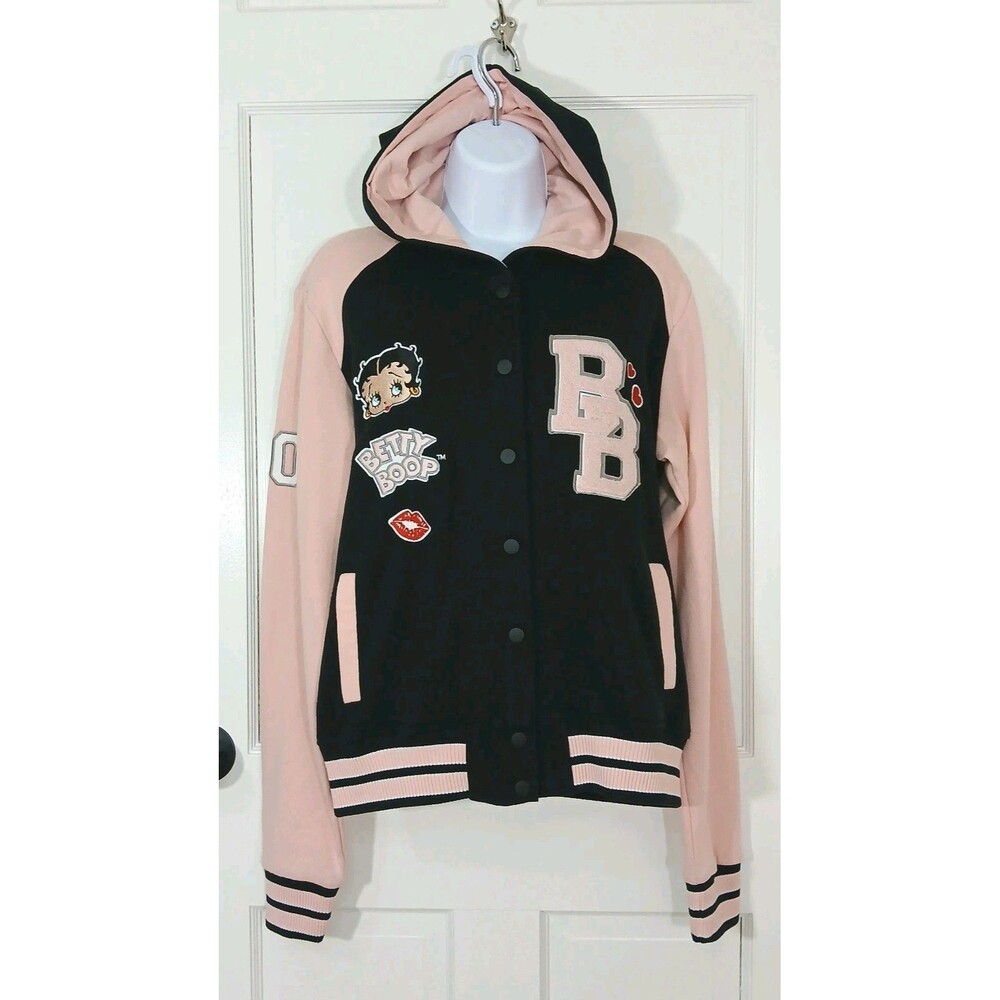 ​Universal Studios Betty Boop Varsity Jacket Large Pink Black Hoodie Letterman - Picture 2 of 16